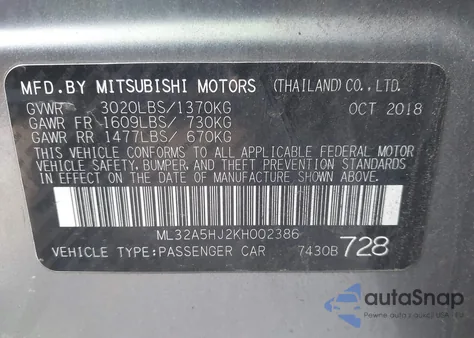 2019 Mitsubishi Mirage Le from USA, damaged, VIN ML32A5HJ2KH002386